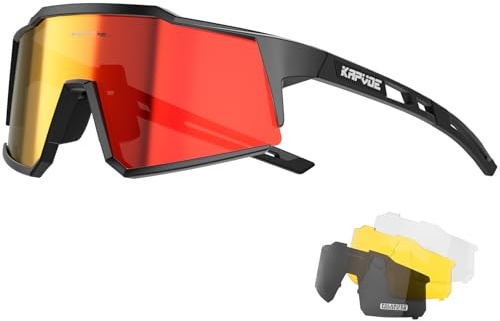KAPVOE Polarized Cycling Glasses with 4 Interchangeable Lenses TR90 Sports Sunglasses Women Men Running MTB Bike Bicycle Accessories 01 Red Black