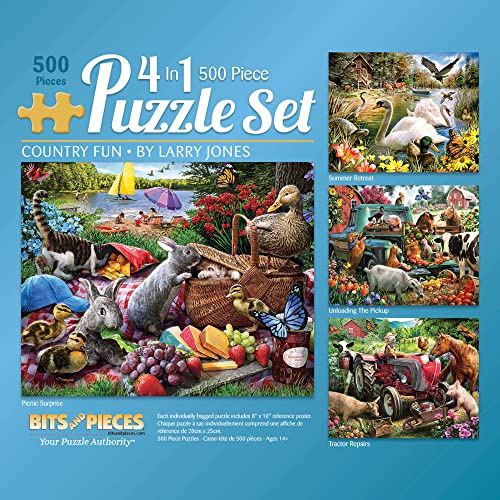 Bits and Pieces 4 Jigsaw Puzzle Set 500 Piece Puzzles for Adults, 4-in-1 Country Animals Set Set - Large 16 x 20 Jigsaw Puzzles 500 Pieces - Picnic Farm Animals - 4 Puzzle Multipack