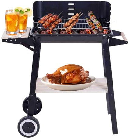 EPISENT Charcoal BBQ Grill Trolley – Portable Barbecue with Wheels, Adjustable 5-Level Grill Rack, Side Shelf & Storage – Outdoor Garden Cooking for Parties, Camping, Patio & Balcony Use