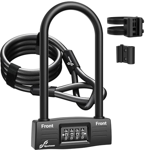 Sportneer Bike Lock: 14mm Keyless Combination U Lock with 5ft Security Steel Cable - Heavy Duty Anti Theft Shackle Bicycle U-Locks with Mounting Bracket for Bike Scooter Door, Size 9.05''x4.9''