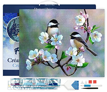 Figured'Art Diamond Painting Kit completo con marco - Cuadro 40x50cm de Pintura de Diamante - Bastidor montado - diamantes de imitación cuadrados - Pequeños pájaros y flores blancas - DIY Manualidades
