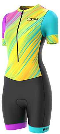 Dam cykling skinndräkt kvinnor vadderad en del trisuit cykel topp kort sublimerad design haklapp kort, Svart gul, XXL