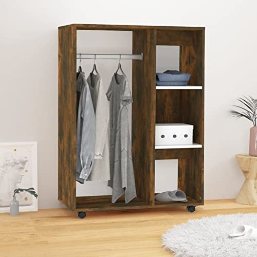 Tidyard Kleiderschrank mit Rollen Kleiderständer Schrank Kleiderstange Garderobenschrank Regal Offen Holzwerkstoff Räuchereiche 80x40x110 cm