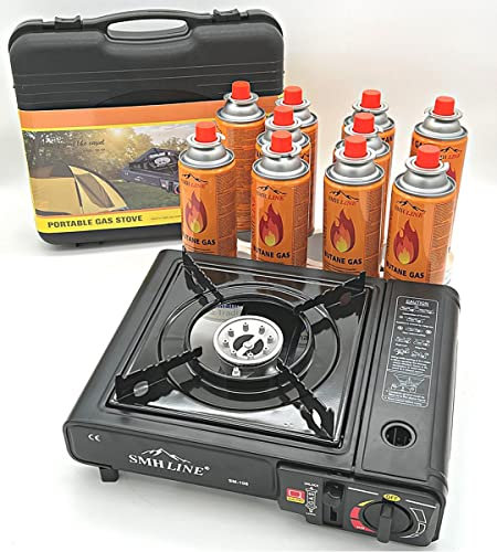 SMH LINE® Campingkök, gasspis set inkl. 12 gaspatroner 227 g gas camping resväska spis utomhus bordsgrill 1 lampa