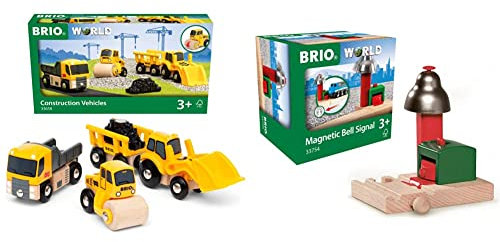 BRIO World 33658 Baustellenfahrzeuge - Ergänzung Holzeisenbahn - Empfohlen ab 3 Jahren & World 33754 Magnetisches Glockensignal – Eisenbahnzubehör Holzeisenbahn