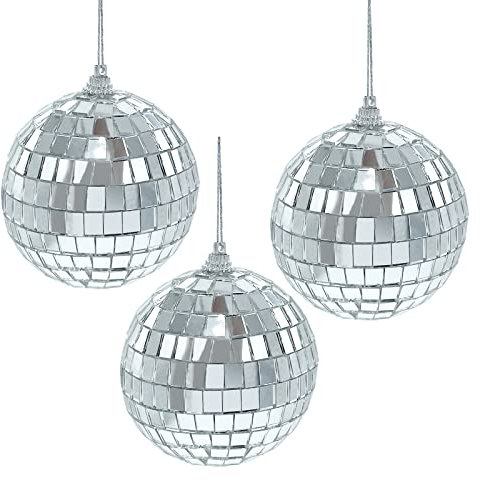 Lorigun 3 Stück Spiegelkugeln, Disco Dekokugeln Glasmosaikkugeln Glitzerkugeln Silberkugeln Christbaumschmuck Party Garten Hängen - 80mm