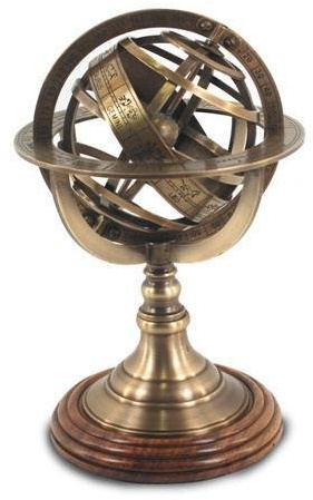 ROCKING GIFTS Esfera Armilar de Latón Dorado con Base de Madera, Figura Decorativa de Astronomía Náutica, Astrolabio Esférico Vintage, Decoración para Salón, Despacho, 21 cm