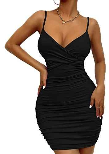 Vestido Corto para Mujer Sexy Elegante Vestido Cuello En V Profundo Sin Mangas con Tirantes Delgados Bodycon Wrap Vestido Frente Rajado del Vendaje Verano Vestido de Cóctel Clubwear