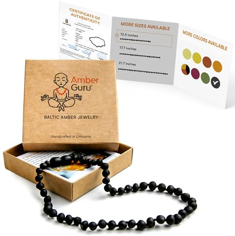 Amber Guru Baltic Amber Necklace (Authentic, Certified) - 12.5 inches - Unisex Jewelry - Raw/Unpolished Real Amber Beads - Proud to Deliver Genuine Baltic Sea Wonder Handmade (Black)