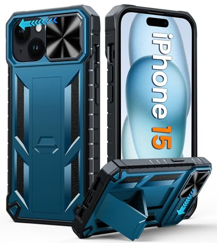 FNTCASE Custodia per iPhone 15: robusta custodia protettiva antiurto di grado militare con cavalletto | TPU opaco testurizzato resistente custodia rigida per iPhone 15 da 6,1 pollici blu