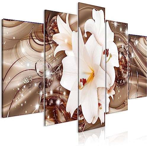B&D XXL - Wandbilder XXL Blumen 200x100cm 5 tlg - Wand Deko Leinwand Bilder Groß Wanddeko Wohnzimmer Schlafzimmer Kunstdrucke Lilien Abstrakt b-A-10406-b-a