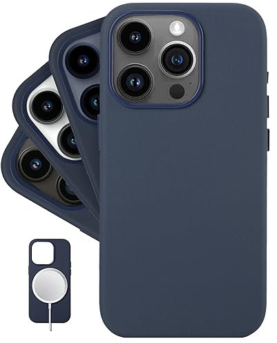 LONLI Classic - (für iPhone 15 Pro) - Europäische Nappa Leder Hülle Case - Wird im Laufe der Zeit glatter und weicher - Kompatibel mit Magsafe - Mitternachtsblau