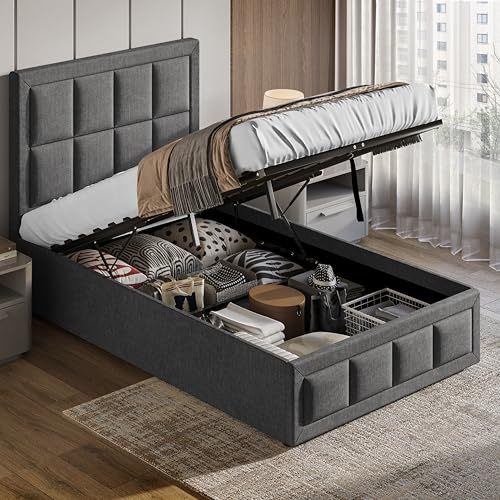 Blisswood Ottoman Bed, Upholstered 3ft Single Small Bed with Storage, Gas Lift End Opening Wooden Slats, Sturdy & Noise Free Velvet Beds, No Box Spring Needed, Size-204L x 100W CM, Dark Grey, Single