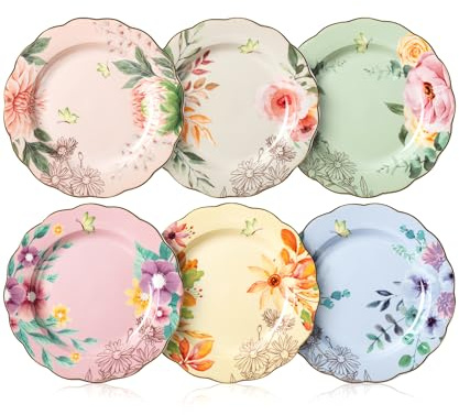 BTaT- Porcelain Floral Plates, 8 inch, Set of 6, Royal Dessert Plates, Appetizer Plates, Floral Plates, Salad Plates, Small Plates, Small Plates Set, Small Dishes, Dinnerware, Mothers Day Gift