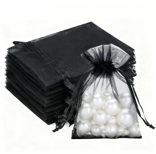 G2PLUS Schwarz Organzasäckchen, 7x9cm Kleine Geschenk Organzabeutel, 50 Stück Organza-Beutelchen mit Kordelzug Sie als Hochzeit Bonbonsbeutel, Schmuckbeutel, Geschenkbeutel