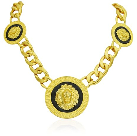 Statement Lion Head King Disc Black Round Chunky Cuban Link Chain Choker Necklace for Women Men,Gold Plated Large Animal Charms Collar Necklace Hip Hop Cocktail Party Jewelry,gold