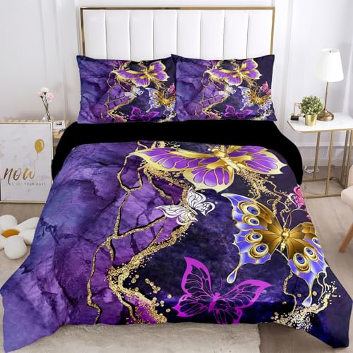 VTRXEG Bettwäsche 135x200 Schmetterling, Lila Marmor Schmetterling Bettbezug,Weiche Kuschelige Mikrofaser Bettwäsche Set Schmetterlinge,mit Reißverschluss1 Bettbezug Und 2 Kissenbezüge (A, 135x200cm)