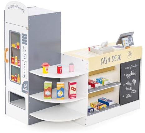 HOMASIS Supermercato Giocattolo per Bambini, Registratore Cassa Bambini in Legno, Cassa Giocattolo per Bambini con Distributore Automatico, per Bambini dai 3 agli 8 Anni (Bianco)
