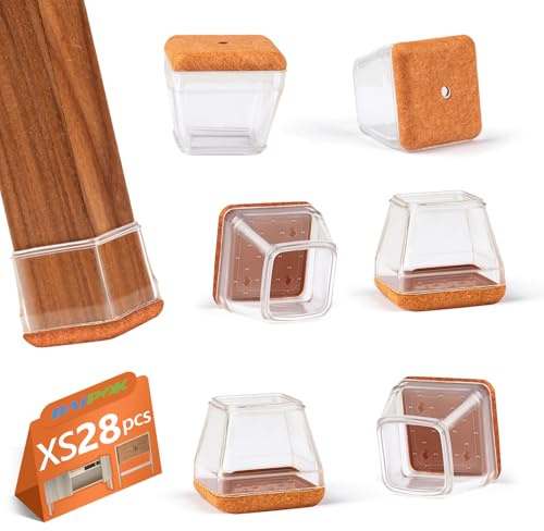28 Pezzi Feltrini per Sedie Quadrati, BAIPOK Tappi per sedie in Trasparente Piccolo, Gommini in Silicone con Feltro, Proteggi Gambe per Mobili(Fit:17-22mm)