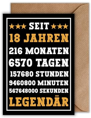 18 Geburtstag Karte mit Umschlag - Geburtstagskarte 18 Jahre “Seit 18 Jahren Legendär” Glückwunschkarte Geschenkkarte zum 18ten Geburtstag Happy Birthday Karte (DIN A6)