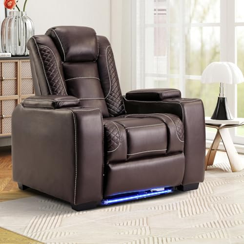 ANJ Power Recliner Chair for Adults,Electric PU Leather Home Theater Seating with Adjustable Headrest,LED Lights,Cup Holders,USB Port and Hidden Arm Storage,Brown