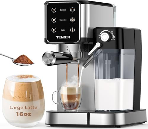 TENKER Macchina per caffè espresso a 20 bar, macchina per cappuccino con montalatte automatico, macchina per caffè con latte in design in acciaio inox, macchina per caffè con display touch 1350