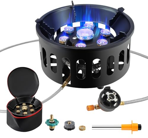 16800W Camping Gas Stove, Portable Gas Stove with 7 Copper Stove Head, Adjustable and Folding Gas Stove Burner, Camping Accessories, Windproof Furnace for Camping Outdoor Cooking Trekking Picnic
