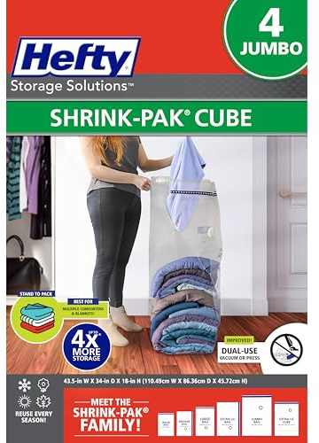 Hefty Shrink-Pak Vacuum Storage Bags – For Clothes, Pillows, Towels, Blankets & More – Space Saver Vacuum Suction Sealer Bags for Home or Travel – 4 Jumbo Cubes, 43.5 x 34 x 18 Inches