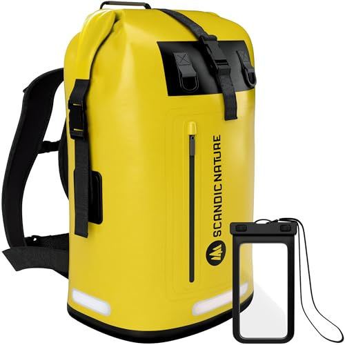 SCANDIC NATURE PIONEER 55L wasserdichter Rucksack gelb - Rolltop Verschluss | Extra robuster Rucksack dank Boden mit 1000D PVC LKW-Plane, 3 Reflektor-Streifen, Rollverschluss, wasserfeste IPX8 Handyhülle