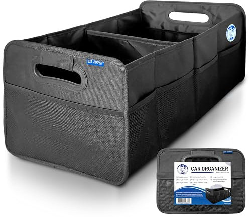 SIR ZIPPER Organizzatore Bagagliaio Auto Nero - 46x32x22,5 cm 33L, 2 Tasche a Rete Grandi, 4 Piccole, Antiscivolo ed Elastico di Fissaggio - Accessorio Auto, Organizer per Bagagliaio