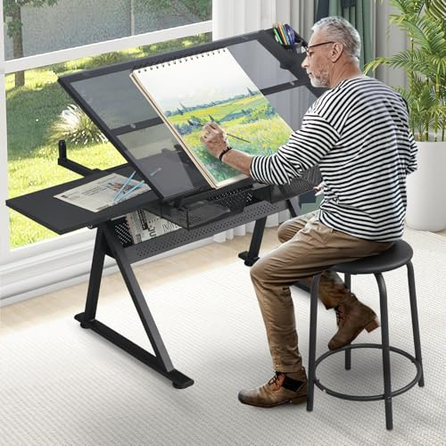 ALYIAMXL Black Drafting Table Desk w/Stool, Painting Table Art Craft Desk Crafting Table with Tilting Tempered Glass Top, 2 Storage Drawers, Height Adjustable