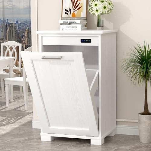 Ymise Tilt Out Trash Cabinet, 10-Gallon Trash Can Cabinet with Deodorising Function, Wooden Freestanding Garbage Can for Home and Kitchen Hidden Laundry Hamper, White