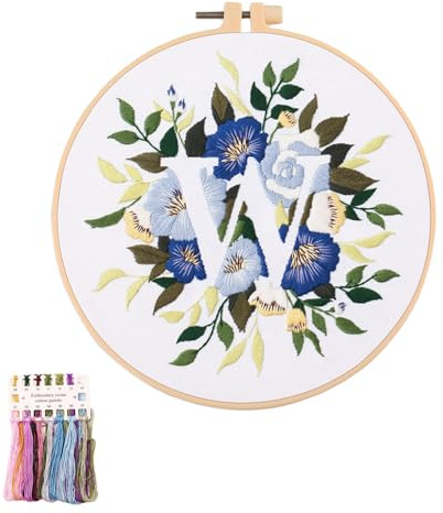 artcici Broderikit växt blomma blad engelska bokstavsmönster för nybörjare vuxna, komplett sortiment broderi startkit korsstygn handarbete tillbehör (senare W)