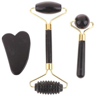 3 Pcs Jade Roller & Gua Sha Set, Facial Roller Massager, Jade Stone Gua Sha Scraping Massager for Men Women Rejuvenate Face Neck Remove Wrinkles Eye Puffiness