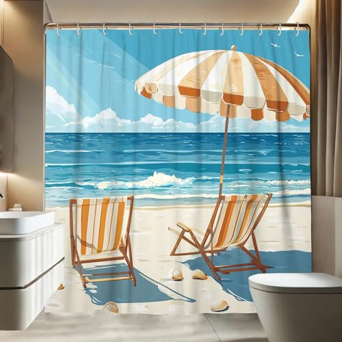 Cortina de ducha de playa, olas del océano de verano y cortina de ducha con paraguas para decoración de baño, juego de cortina de ducha de tela impermeable moderna de lujo costero con ganchos, 62 x 72
