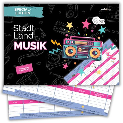 Stadt Land Musik by snaPmee - Musikspiel + Quiz für Erwachsene & Familien - Geschenk für Musiker, Sänger, Musikliebhaber - Ratespiel + Partyspiel mit 50 Blatt Din-A4