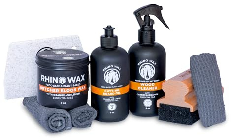 Rhino Wax Butcher Block Ultimate Care Kit – Incluye tabla de cortar, aceite, cera, limpiador en aerosol de madera, raspador de banco, aplicador LG, 3 paños – para encimeras de bloques de carnicero y