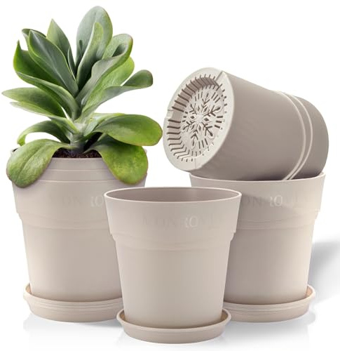 FIASON 16.5 cm House Plant Pots with Saucer, 6 Pack Plastic Planter with with Drainge Holes, Flower Pots for Indoor Outdoor Plants(Light Grey, Set of 6)
