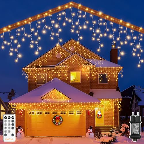 HeiPard Eisregen Lichterkette Außen 12m 486 LED Weihnachtsbeleuchtung Außen mit Stecker, 8 Leuchtmodi, Fernbedienung, Timer, Wasserdicht Lichtervorhang Aussen für Dachrinne, Geländer, Vorbau, Fenster