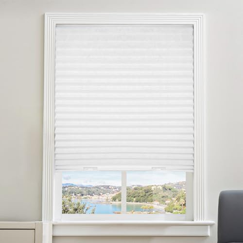 Glosaie 6 Packs No Drill Blinds for Windows, 89.5 W × 183 H cm Blackout Blinds Stick on Windows, Temporary Blinds and Wireless Shades for Windows, White, 6 Packs Fabric Shades with 12 Clips