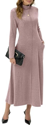 GRECERELLE Damen Maxikleid Rollkragen Langarm Herbst Winter Elegantes lässiges Daily Business Date Lounge Stretch langes Kleid mit Taschen (Altrosa, XXL)