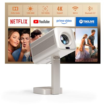Smart Mini Projector [Compatible with Netflix] 3D Dolby Audio 4K Portable Projector for Bedroom,TOF Auto Focus & Keystone,1800 ANSI,VOPLLS Full HD 1080P WiFi Bluetooth Home Movie Outdoor Projectors