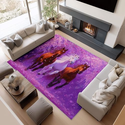 Tappeto antiscivolo per soggiorno, lavabile, super morbido, a pelo basso, per camera da letto, fantasia fiori di ciliegio con tre cavalli, non perde pelo, resistente, 80 x 150 cm