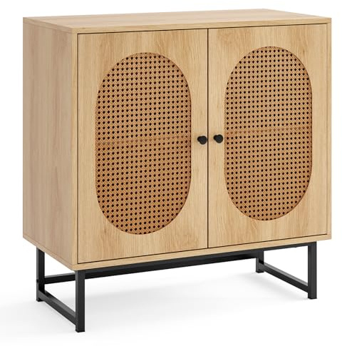 GIANTEX Buffet en osier 80 cm, Buffet avec portes et étagère réglable, table de bar pour entrée, cuisine, salon et salle à manger