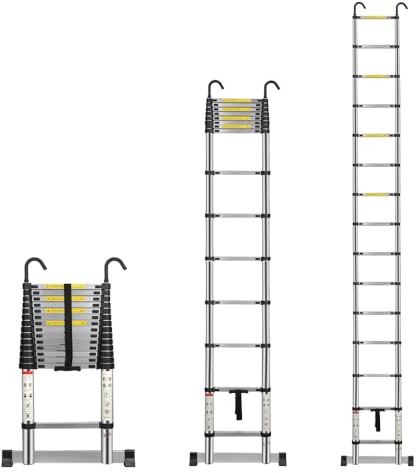 Multibao Telescopic Ladder 4.4M 14.5FT Aluminium Extension Loft Ladder with Stabilizer Bar and Detachable Hooks, Multi Purpose Extendable Portable Folding Ladders, EN131 (4.4M/14.5FT)