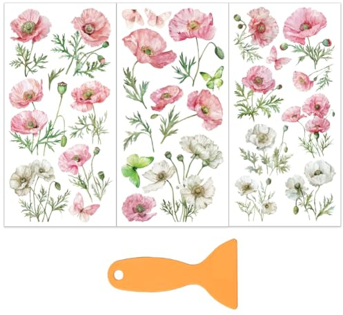 OLYCRAFT 3 x Rosa Mohn Transferfolie Zum Aufreiben Für Möbel Und Kunsthandwerk 15x30cm Vintage Blumen Möbelaufkleber Dekor Schmetterlinge Transferaufkleber Mit 1 Teiligem Schaber Für Glas Tassen