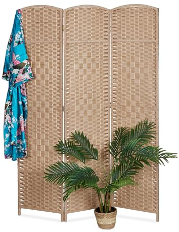 Relaxdays Paravent Raumteiler, HxB: 170 x 120 cm, Faltbarer Raumtrenner, 3-teiliger Sichtschutz, Holz, Papierseil, Natur
