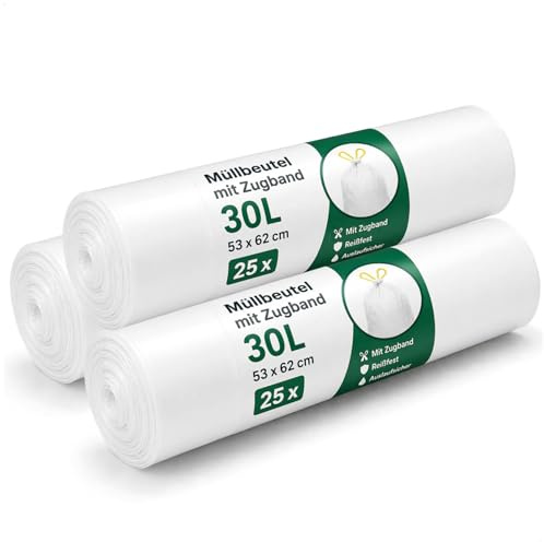 com-four® 75 soppåsar 30L med dragsnöre, slitstarka, läckagesäkra, för hushåll, restaurang och professionellt bruk, 25 per rulle (30 liter - 75 stycken)