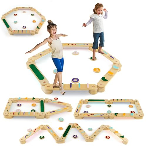 HOMASIS Holz Schwebebalken Set für Kleinkinder, Balancierbalken mit Trittsteinen, Montessori-Balancebrett für Gleichgewicht & Koordination, Balancebalken Balance-Board für Kinder ab 1 Jahr