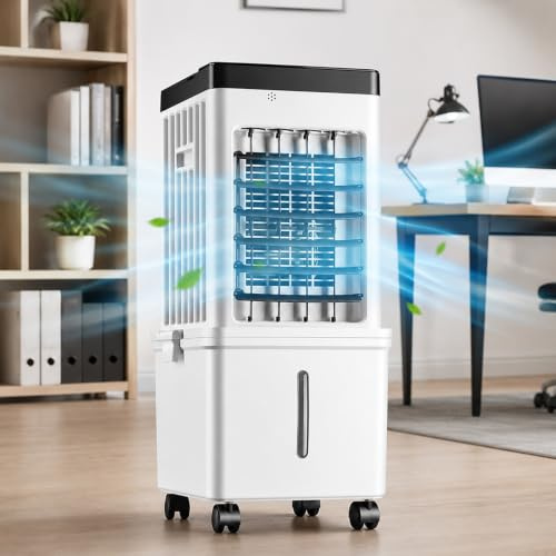 pealiritansemen Ventilador Climatizador Portátil 15L, Aire Acondicionado Evaporativo Sin Tubo con Mando A Distancia, Panel Táctil, 4 Acumuladores De Frío, 3 Velocidades, Oscilación 90° para Oficina
